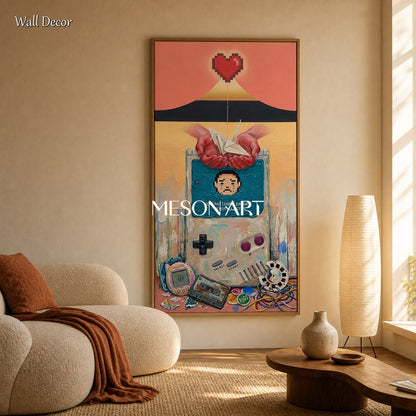 Red And Blue Surrealist Art Painting With Retro Gaming Icons Original Artist Hand Painted By Mesonart