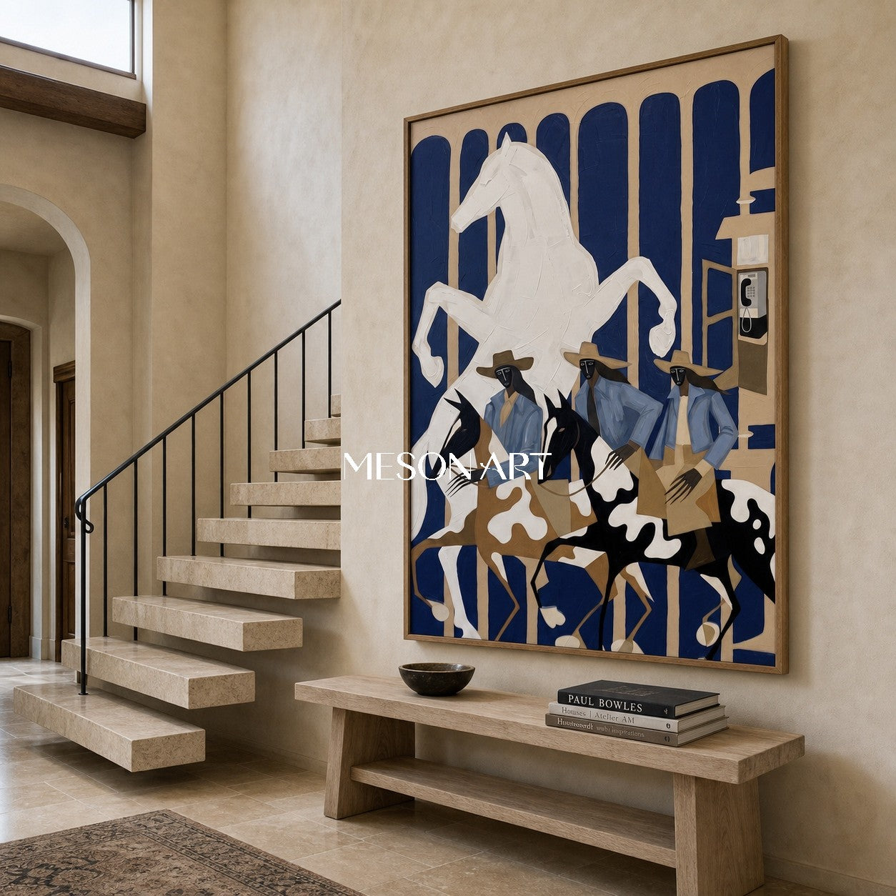 Surreal Cowboy Horse Painting With Textured Relief For Modern Living Room Decor