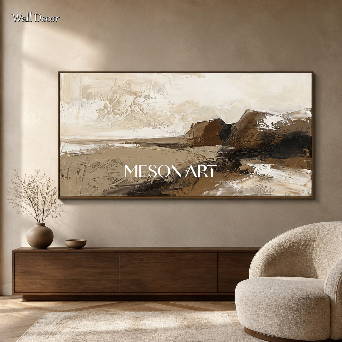 Beige And Brown Abstract Paintings For Wall Art Panoramic Framed Artwork By Mesonart