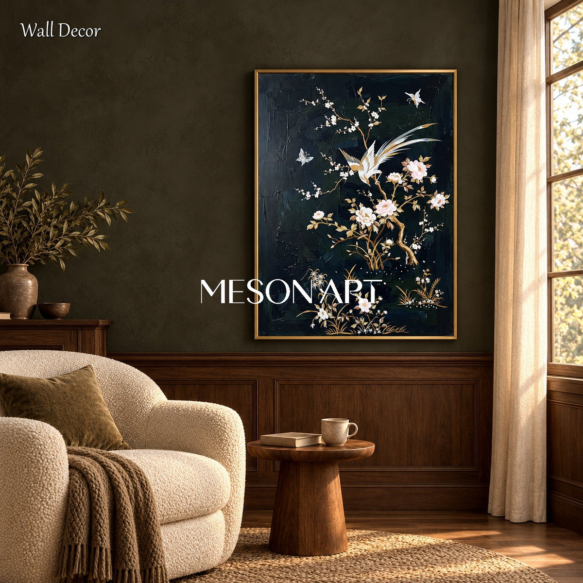Black And White Japanese Style Floral Painting Rectangular Wall Art Original Artist Hand Painted By Mesonart