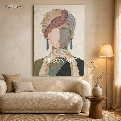 Beige And Gray Abstract Portrait Painting Rectangular Wall Art Contemporary Figurative Textured Original Artist By Mesonart