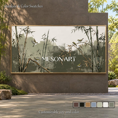 Green And Beige Bamboo And Warbler Art Panoramic Wall Decor For Living Room By Mesonart