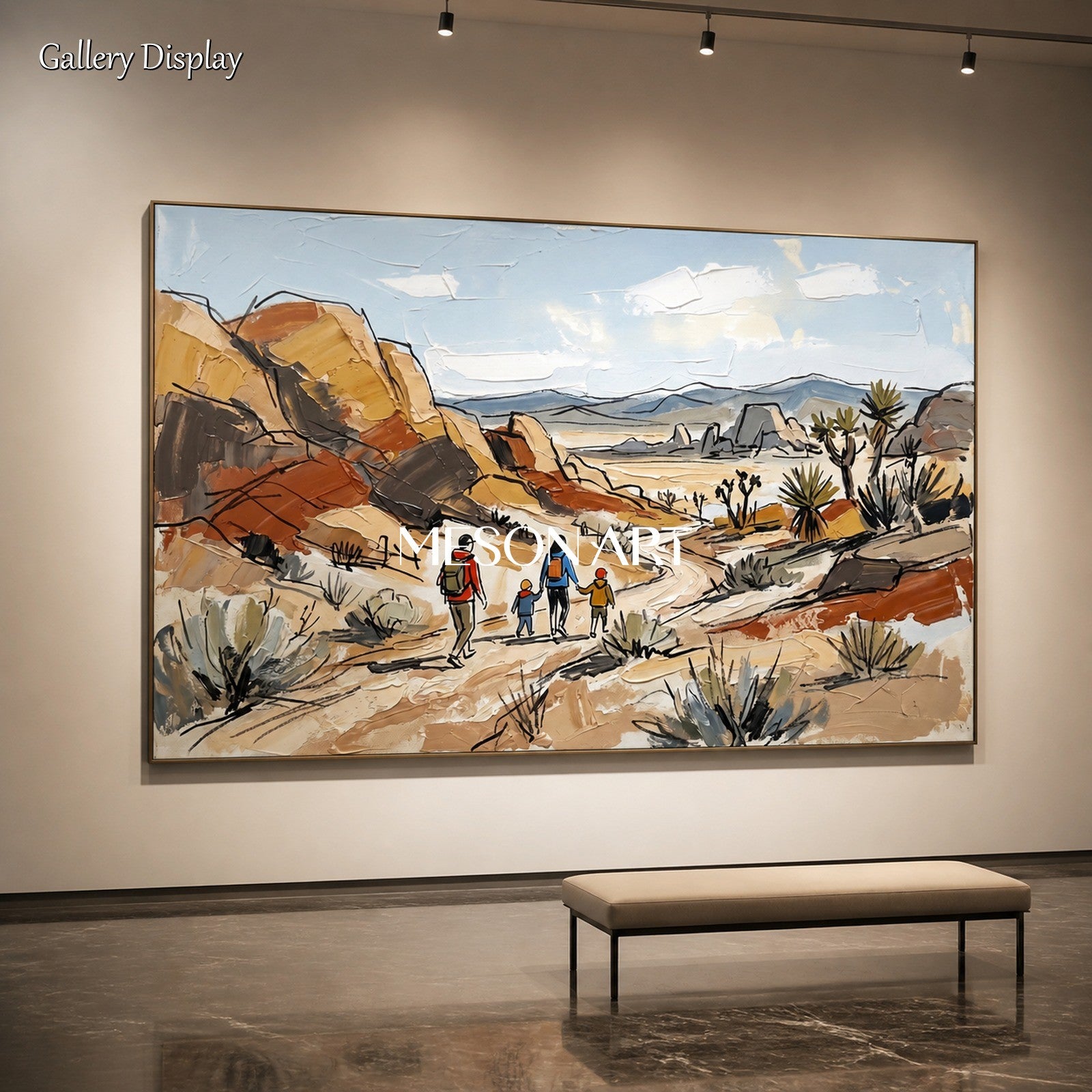 Beige And Blue Landscape Painting Contemporary Mountain Art Rectangular Wall Decor Original Artist By Mesonart