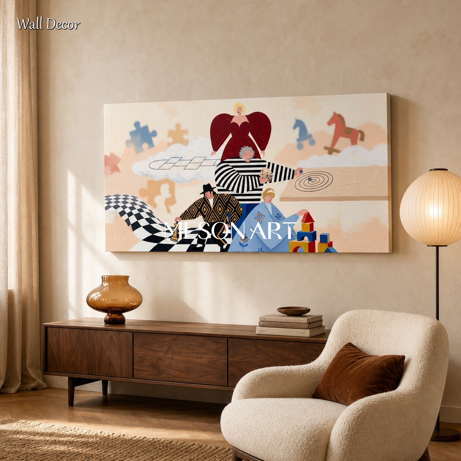 Abstract Art Deco Painting With Surreal Figures For Modern Living Room Decor