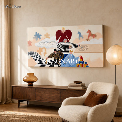 Abstract Art Deco Painting With Surreal Figures For Modern Living Room Decor