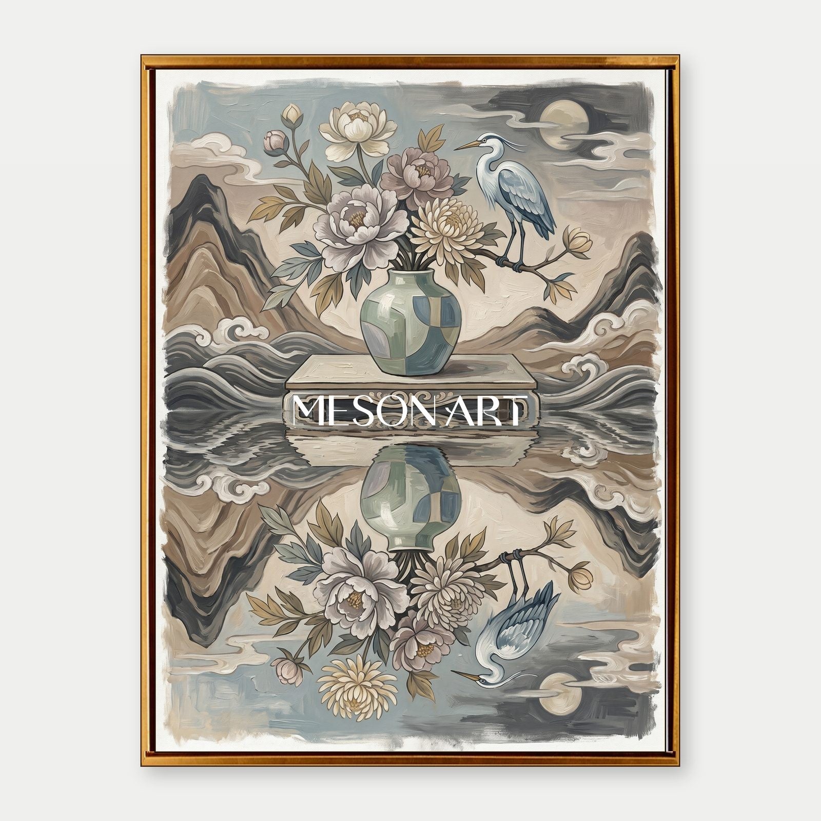 Elegant Chinoiserie Floral And Bird Art Print With Heron For Living Room Decor