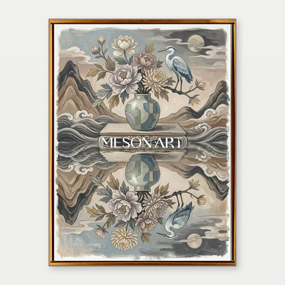 Elegant Chinoiserie Floral And Bird Art Print With Heron For Living Room Decor