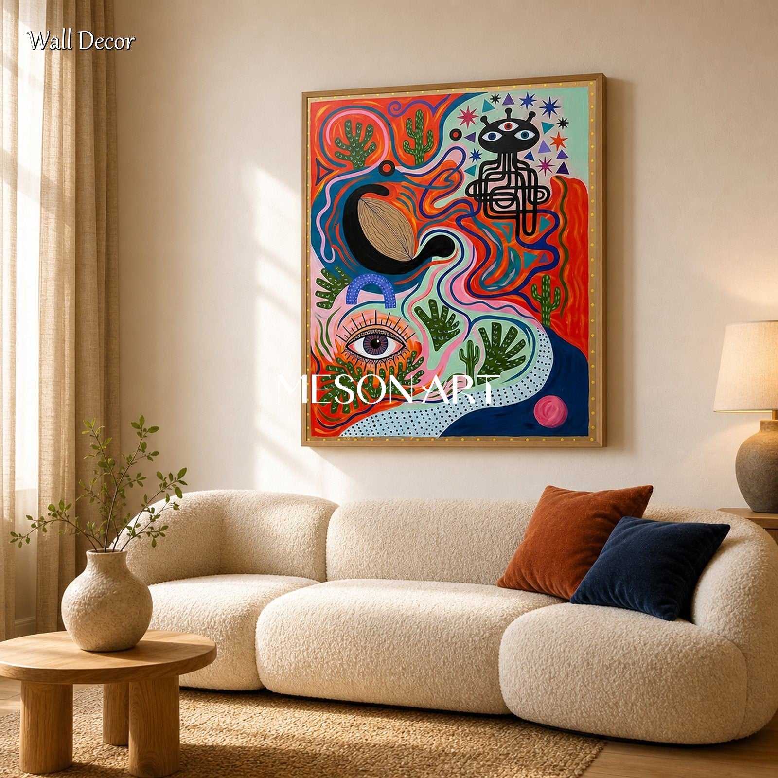 Surrealist Art Print With Mystical Eyes And Desert Cactus For Modern Living Room Decor