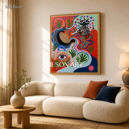 Surrealist Art Print With Mystical Eyes And Desert Cactus For Modern Living Room Decor