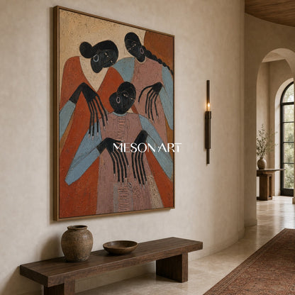 Original Expressionist Art Painting With Primitive Figures For Modern Living Room Decor