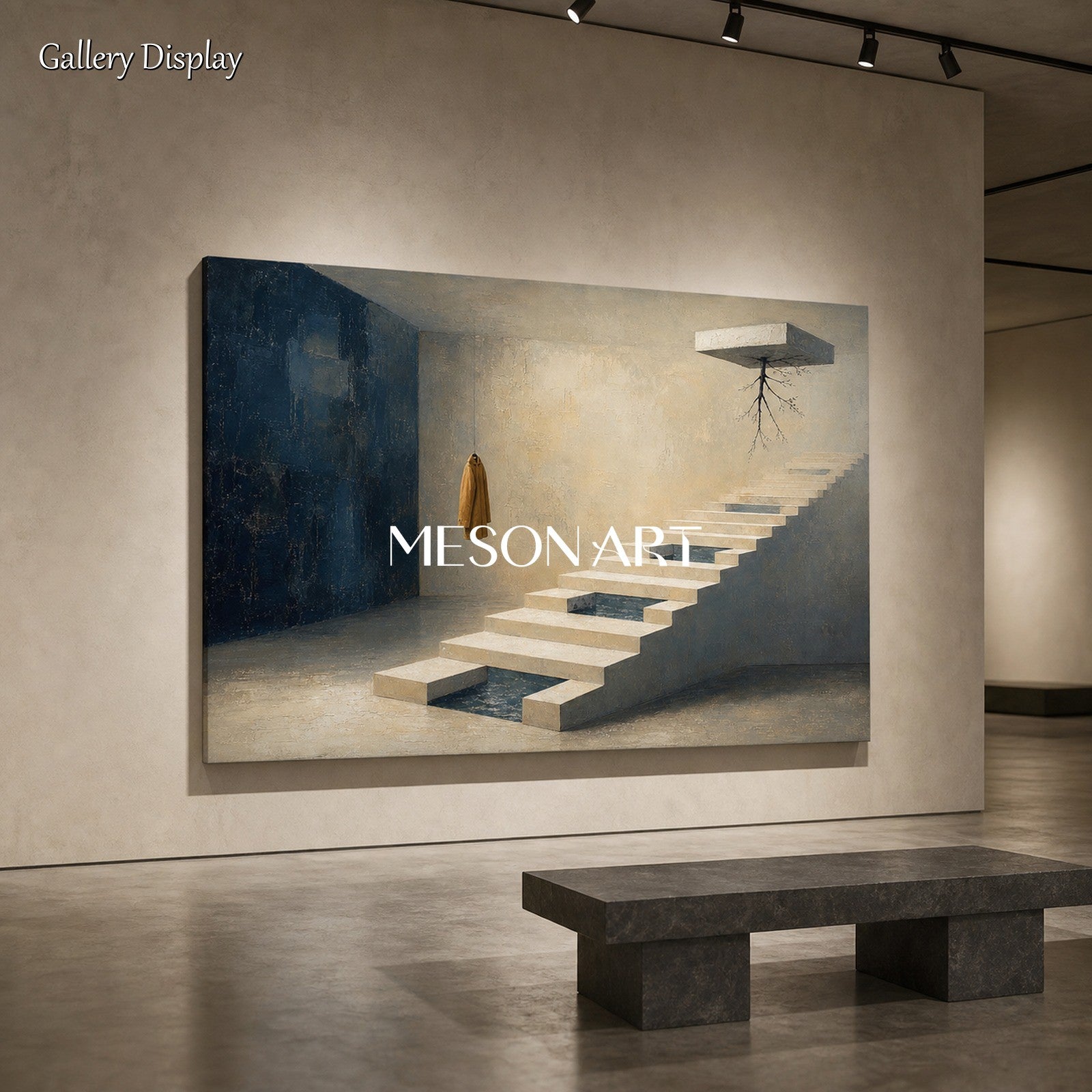Surrealist Staircase Painting With Floating Roots And Coat For Executive Office Decor