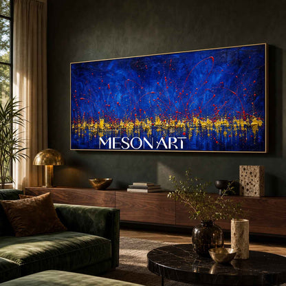 Pollock Abstract Style Blue Gold Painting Original Handmade Oil Art For Living Room