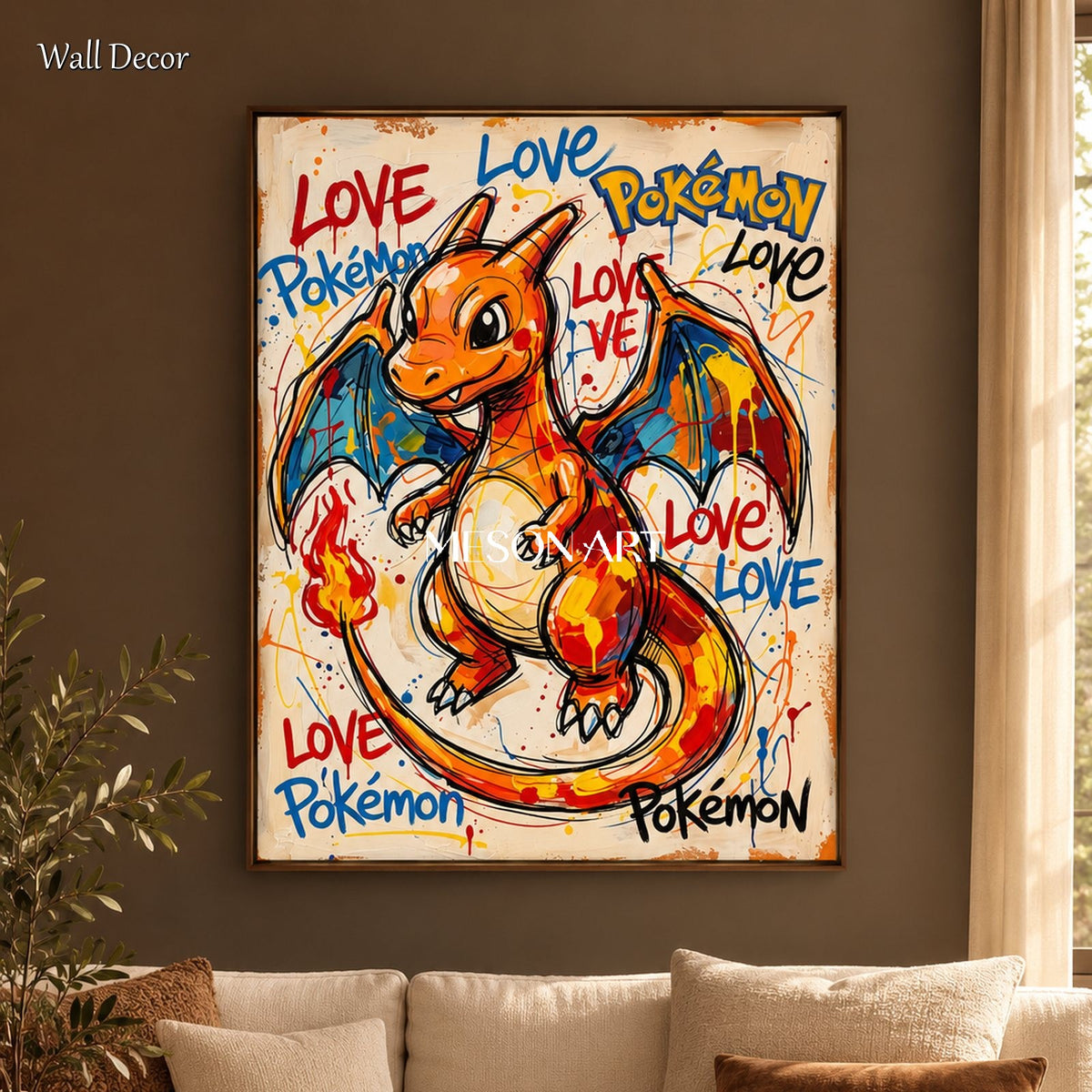 Orange And Blue Pokemon Charizard Painting Hypebeast Art Rectangular Wall Decor Original Artist By Mesonart