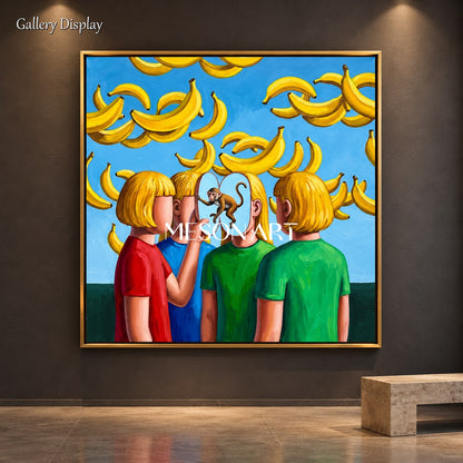 Yellow And Blue Surrealist Painting Banana Theme Square Wall Art Original Artist Hand Painted By Mesonart