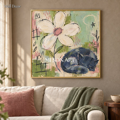 Green And Pink Pop Art Square Wall Decor Original Artist Hand Painted Modern Abstract Cat Flower Painting By Mesonart