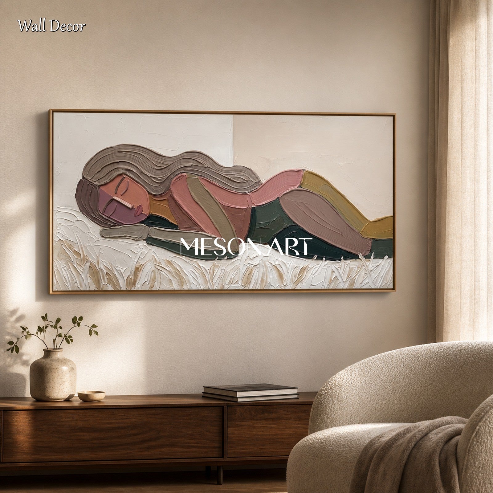 Beige And Pink Abstract Figurative Portrait Painting Panoramic Original Artist Hand Painted By Mesonart