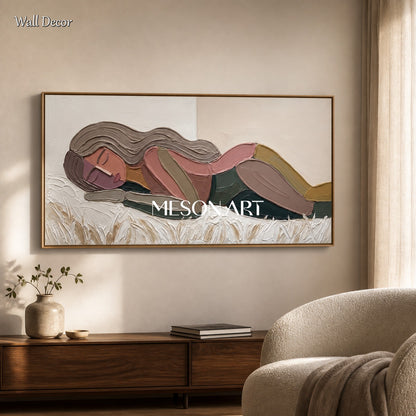Beige And Pink Abstract Figurative Portrait Painting Panoramic Original Artist Hand Painted By Mesonart