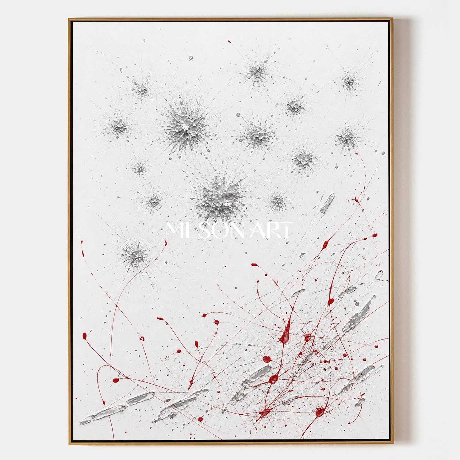 Original Silver Red Pollock Style Oil Painting On Linen Canvas For Modern Living Room Decor