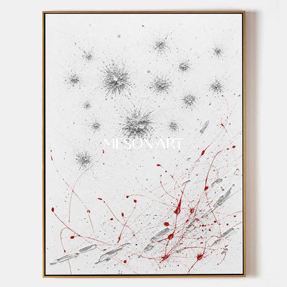 Original Silver Red Pollock Style Oil Painting On Linen Canvas For Modern Living Room Decor