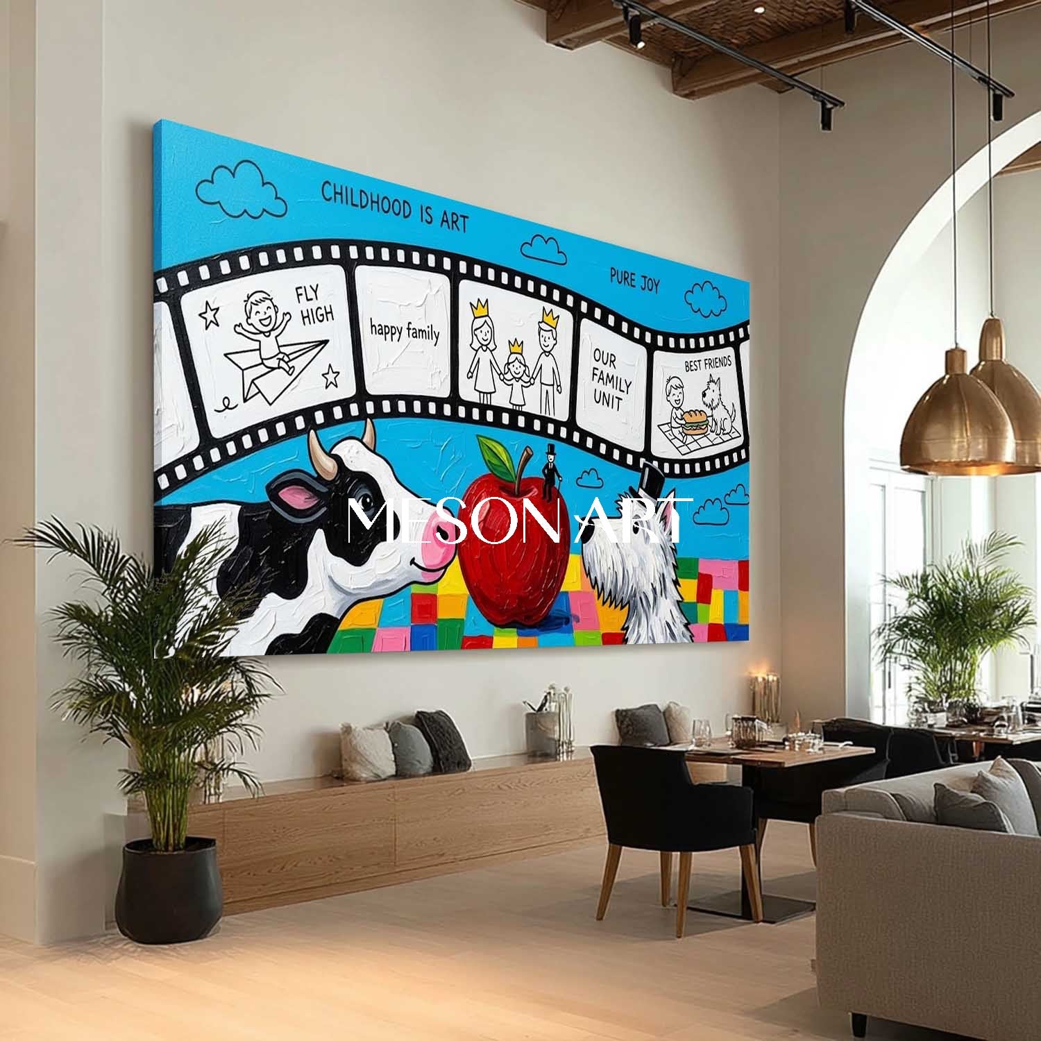 Whimsical Surrealist Painting With Animals And Apple For Kids Room Decor