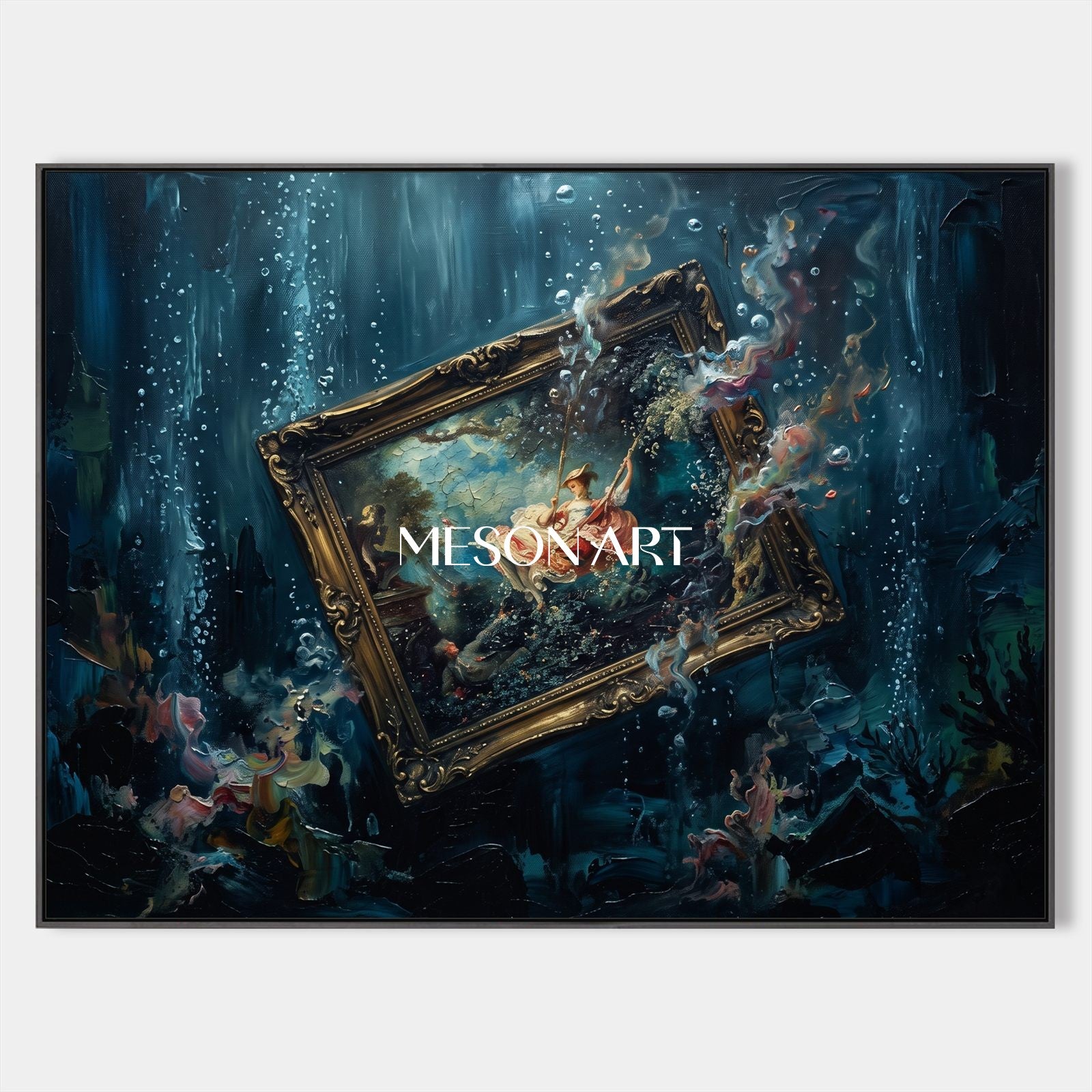 Blue And Gold Surrealism Art Contemporary Symbolic Painting Rectangular Wall Decor For Living Room By Mesonart