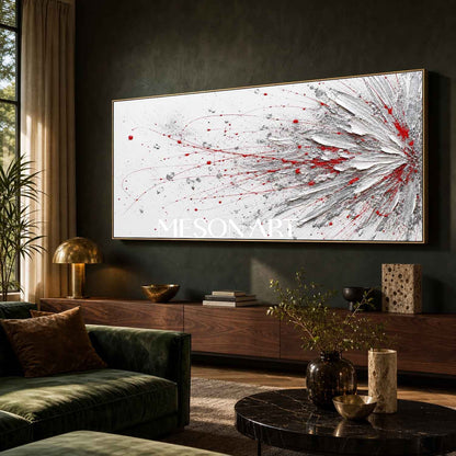 Bold Red And White Abstract Painting With Textured Relief For Modern Living Room Decor