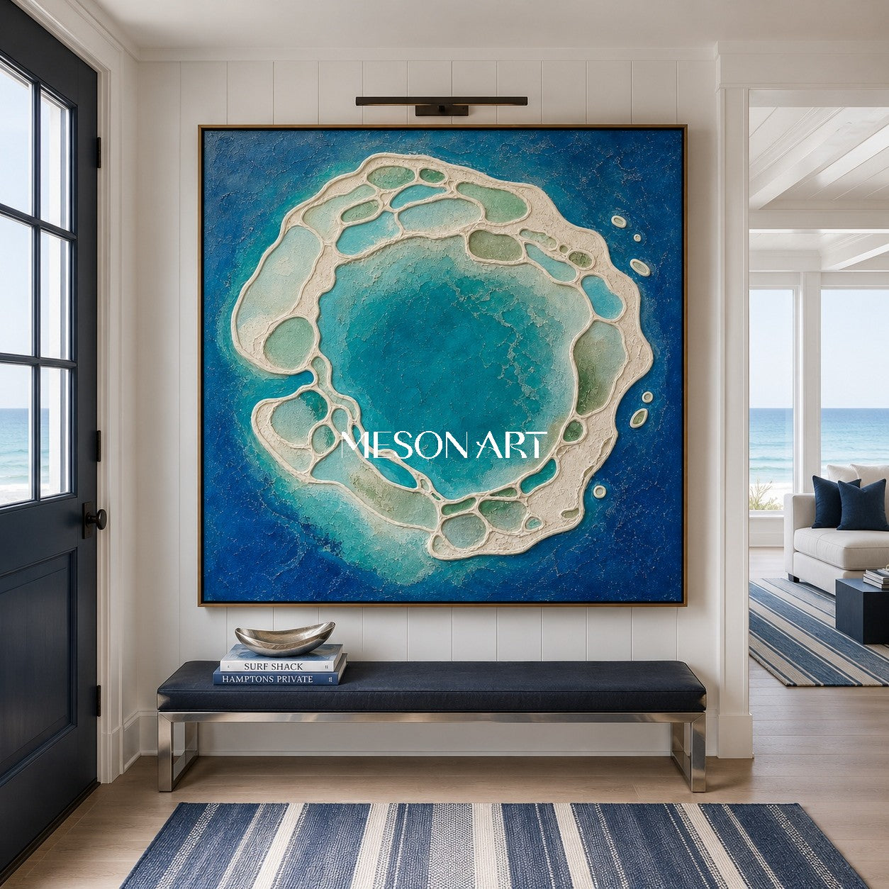 Azure Lagoon Abstract Art With Textured Relief For Modern Spa Bathroom And Living Room Wall Decor