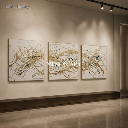 Beige And Gold Pollock Inspired Drip Painting Square Wall Art For Living Room By Mesonart