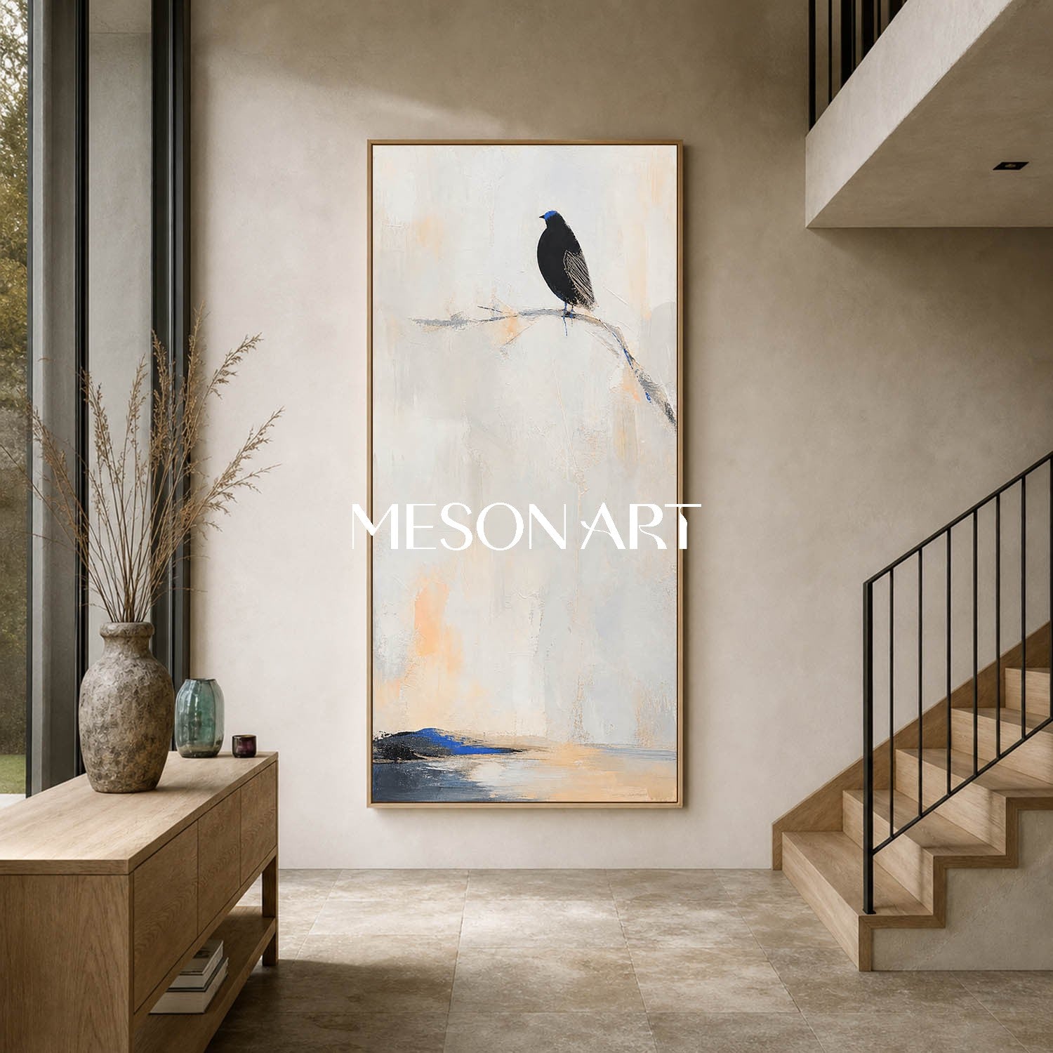 Minimalist Black Bird Painting With Blue Accent For Serene Home Decor