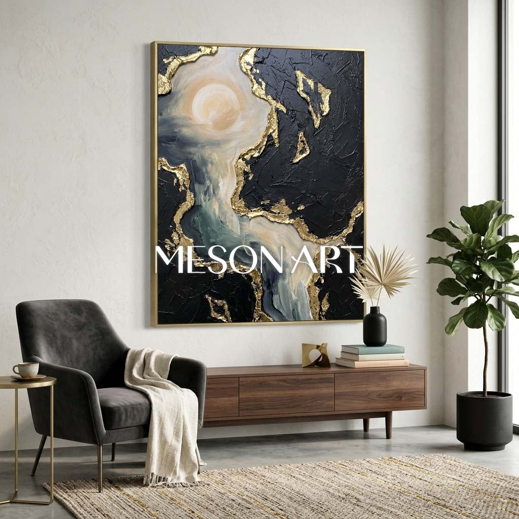 Abstract Plaster Texture Art With Gold Leaf For Modern Living Room Decor
