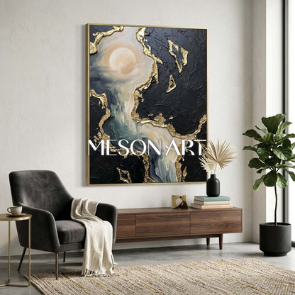 Abstract Plaster Texture Art With Gold Leaf For Modern Living Room Decor