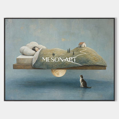 Minimalist Surreal Dream Painting For Serene Bedroom Living Space With Soft Blue Earth Tones