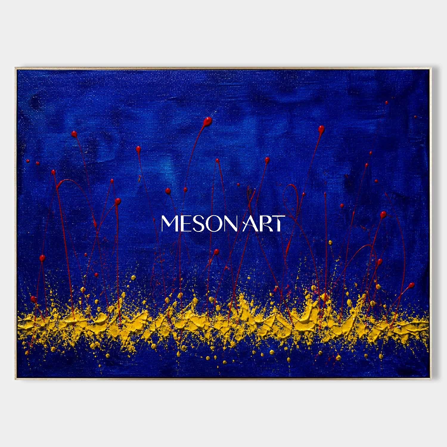 Original Blue And Red Abstract Art With Yellow Texture For Modern Living Room Decor