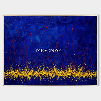 Original Blue And Red Abstract Art With Yellow Texture For Modern Living Room Decor