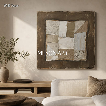 Earthen Silence Abstract Painting In Brown And White With Textured Plaster For Japandi Living Room Decor
