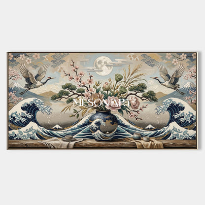 Contemporary Ukiyo-E Wall Art With Waves Cranes And Cherry Blossoms For Living Room Decor