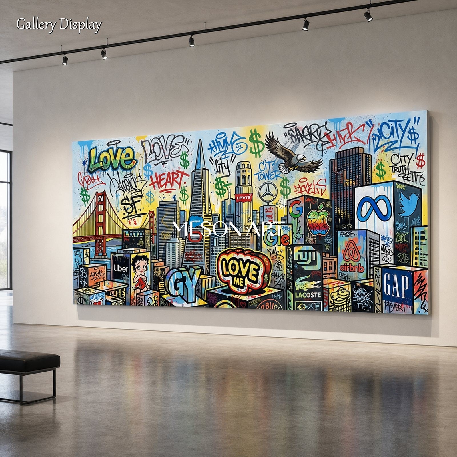 Blue And Yellow Graffiti Painting Panoramic Wall Art Original Banksy Style For Living Room By Mesonart