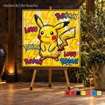 Yellow And Red Pokemon Pop Art Painting KAWS Style Square Wall Art For Living Room By Mesonart