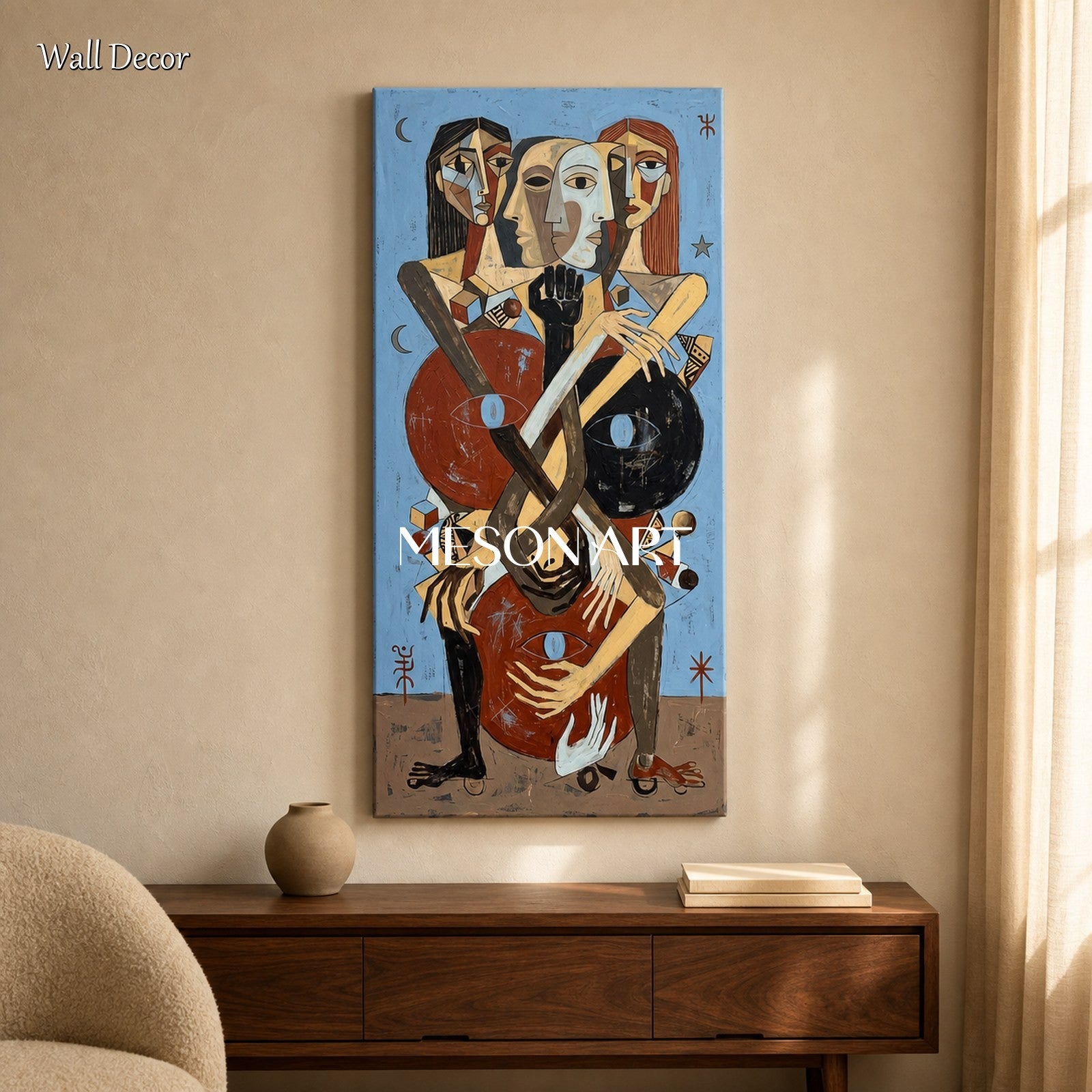 Blue And Brown Expressionist Figurative Abstract Painting Panoramic Wall Art For Living Room By Mesonart