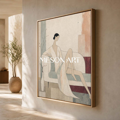 Minimalist Female Portrait Art In Beige And Gray Tones For Contemporary Home Decor