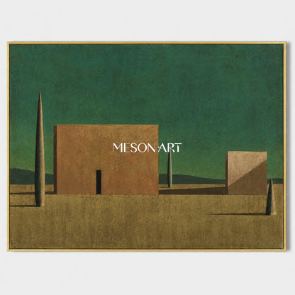 Green And Brown Surrealist Metaphysical Art Rectangular Architectural Painting For Living Room By Mesonart