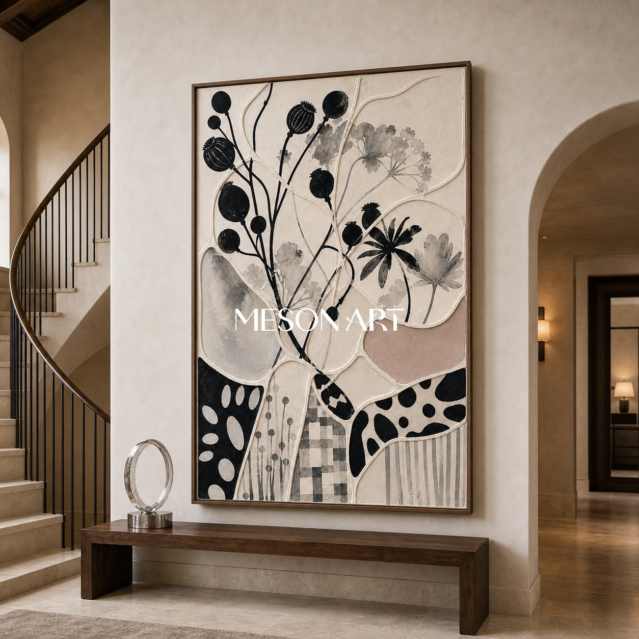 Abstract Botanical Art With Geometric Patchwork Design For Modern Living Spaces