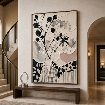 Abstract Botanical Art With Geometric Patchwork Design For Modern Living Spaces
