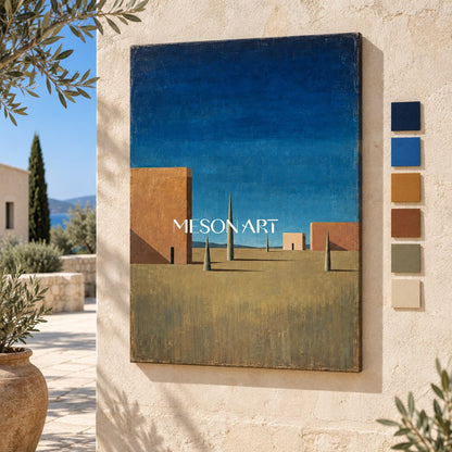 Blue Brown Surrealist Metaphysical Architectural Geometric Nostalgic Rectangular Wall Art By Mesonart