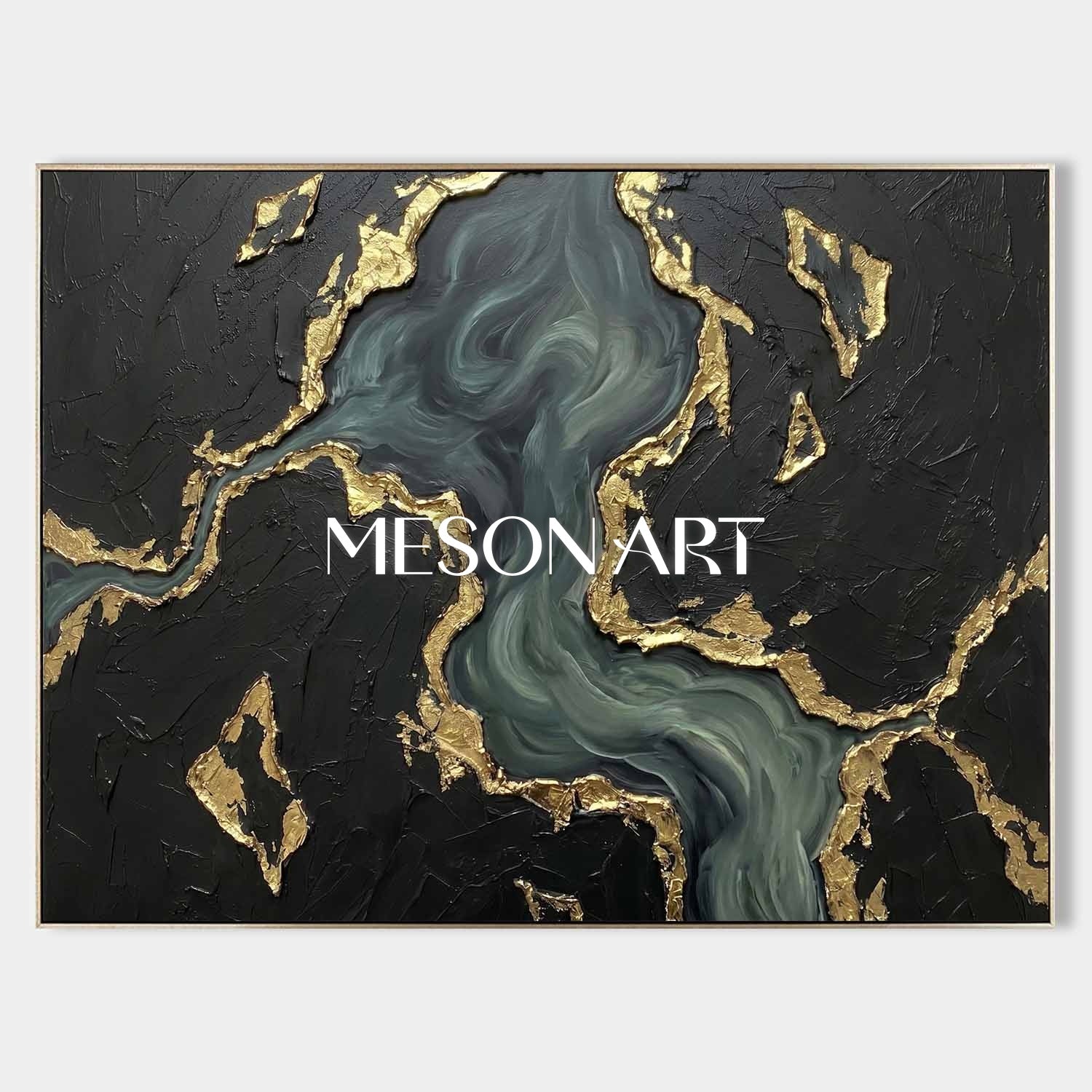 Gilded Midnight Ocean Plaster Art With Gold Veins For Living Room And Executive Office Decor