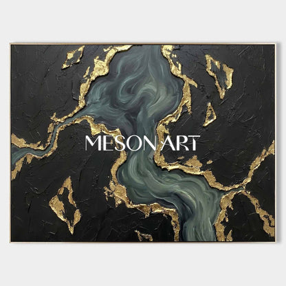 Gilded Midnight Ocean Plaster Art With Gold Veins For Living Room And Executive Office Decor