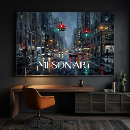 Abstract City Painting With Neon Lights And Rain Reflections For Modern Living Room Decor