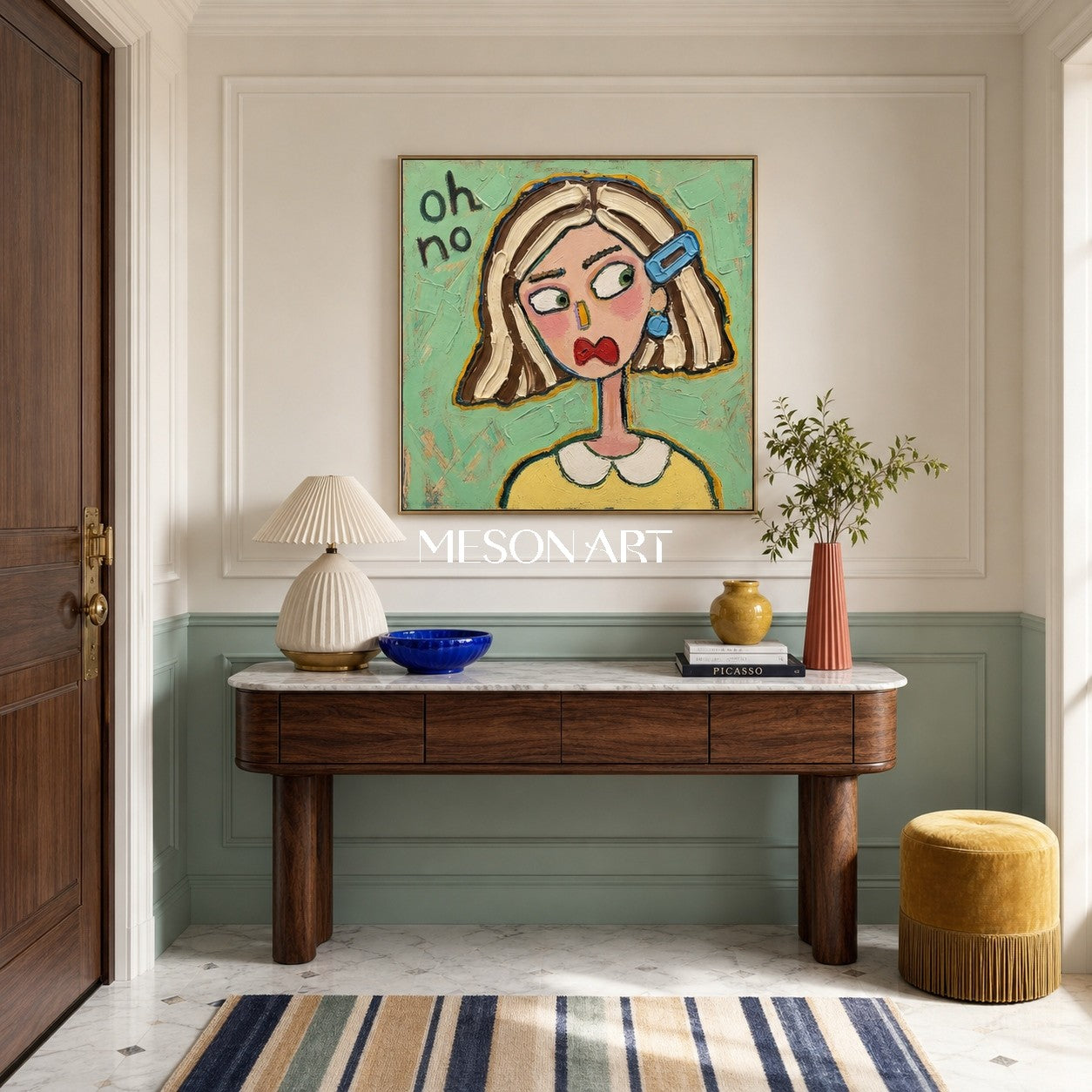 Colorful Pop Art Cartoon Portrait Painting With Textured Green Background For Modern Living Room Decor