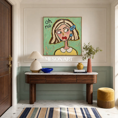 Colorful Pop Art Cartoon Portrait Painting With Textured Green Background For Modern Living Room Decor