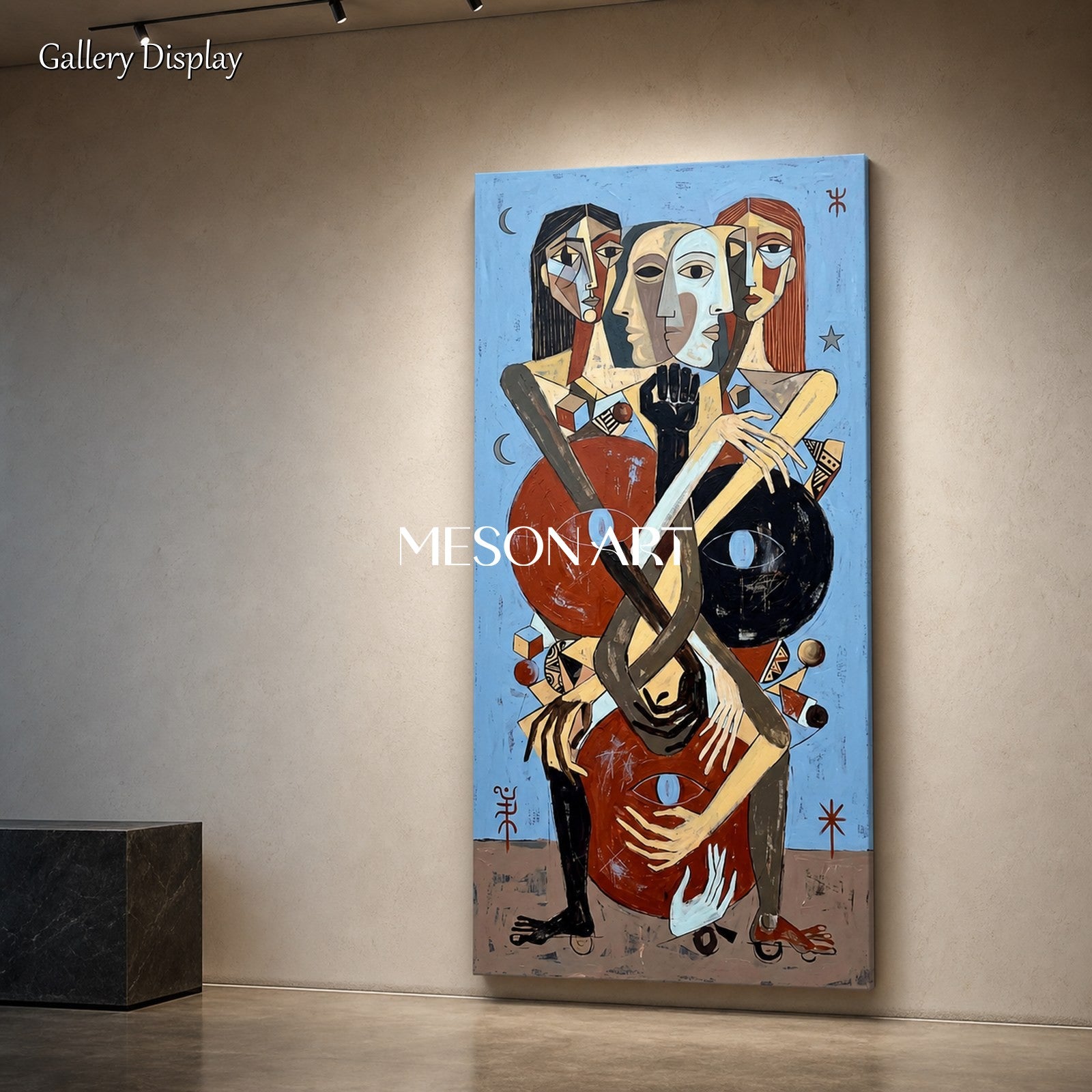 Blue And Brown Expressionist Figurative Abstract Painting Panoramic Wall Art For Living Room By Mesonart